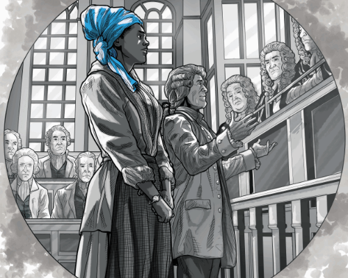 An artwork in the style of a graphic novel or comic book, depicting a man in a colonial-era wig appealing to a wigged jury while standing next to a mournful-looking woman. The woman's blue head-scarf is the only color in the image, the rest is grayscale.