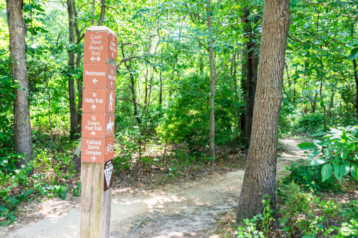 A wooden signpost stands next to a natural-surface trail in a wooded area. Directional signage on the post with arrows indicate Little Paint Branch Trail, Restrooms, To Holly Trail, To Crow's Foot Trail, and Fairland Sports Complex.