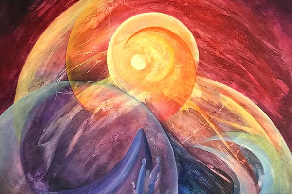 An abstract painting in rainbow colors with swooshing, circular forms. In the center is a yellow sun-like object; at the bottom is a cluster of small, human-like figures.