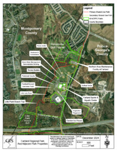 Map of Fairland Regional Park Master Development Plan Area and Facilities. For details, contact Shubha Punase at 240-941-9350.