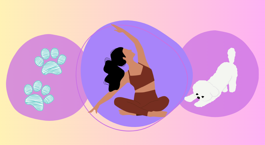Illustration of person stretching in yoga pose, dog nearby, with paw prints and colorful abstract circles in background.