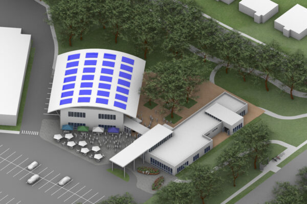 Architectural rendering of a community center consisting of two wings connected by a through-way. There is a parking lot and patio out front and trees in the back.