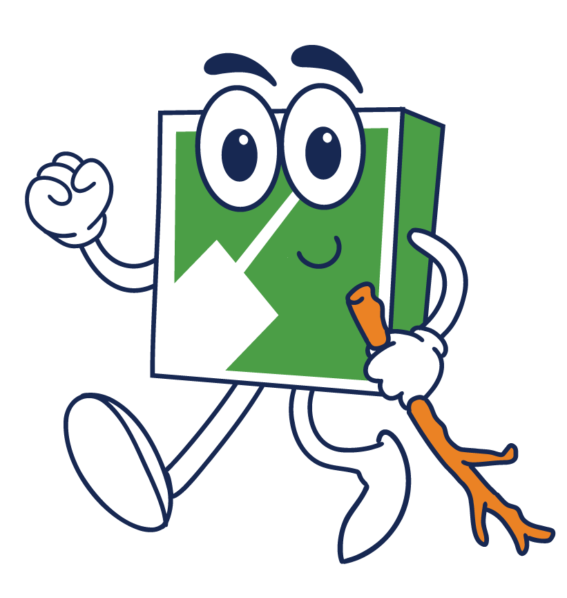A green and white cartoon mascot smiling and walking while holding a walking stick.