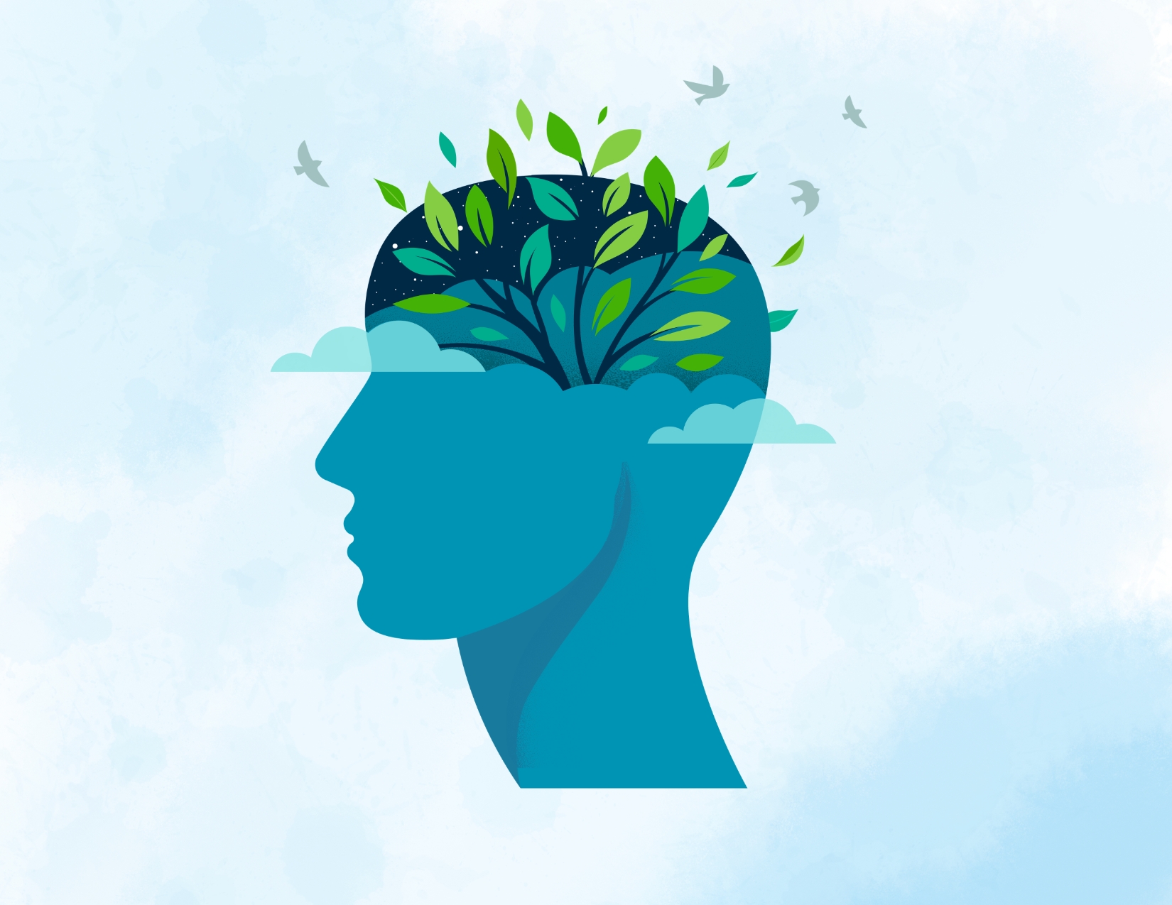 A blue profile silhouette of a head opening at the top to reveal a growing leafy tree, clouds, and flying birds.