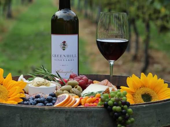 Bottle of red wine and filled wine glass beside a charcuterie spread with fruit, cheese, olives, and sunflowers in a vineyard.