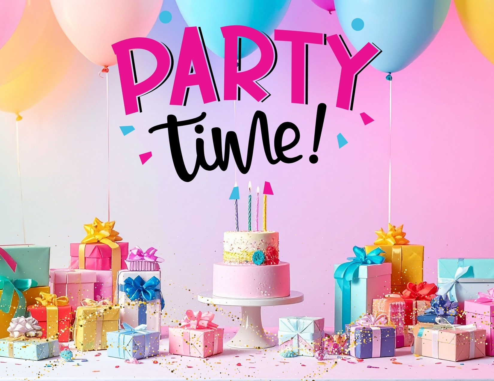 A festive birthday scene featuring wrapped gifts, colorful balloons, and a small lit cake with the text "PARTY time!".